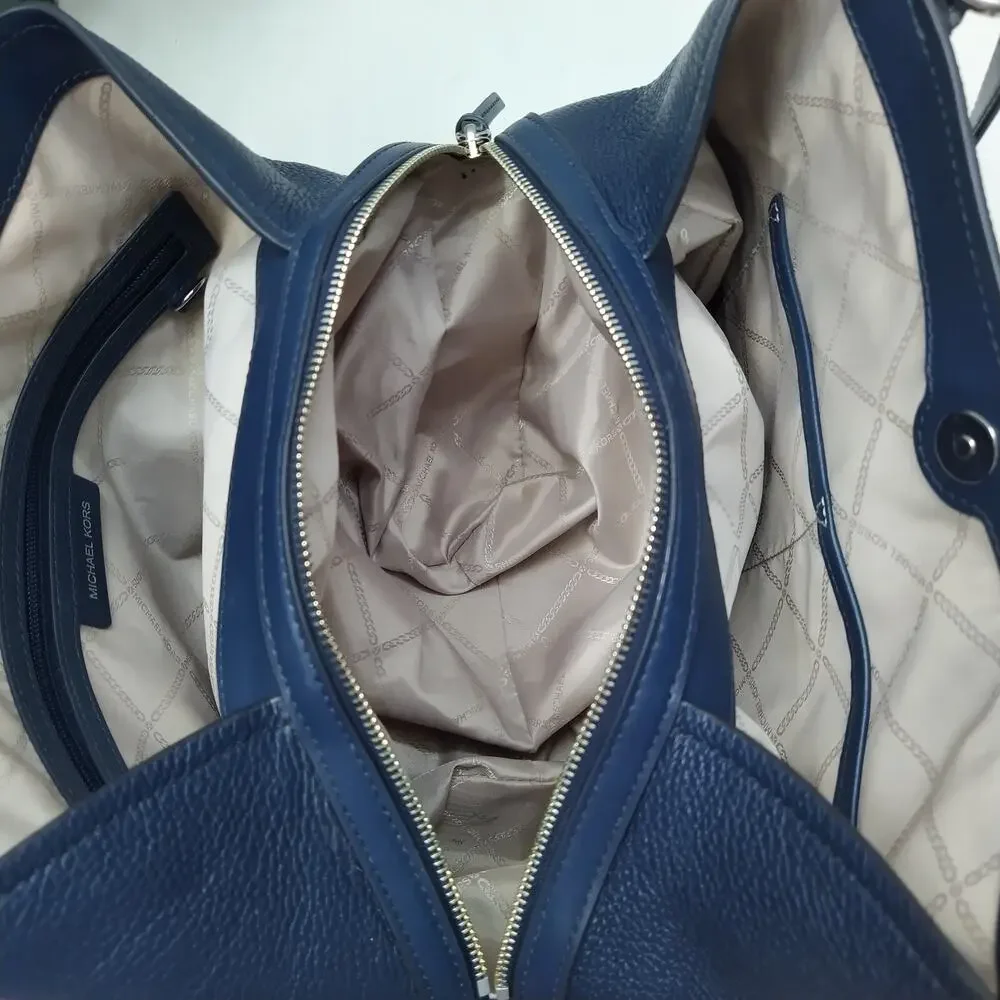 Michael Kors Molly Blue Pebbled Leather 3 Compartments Shoulder Bag